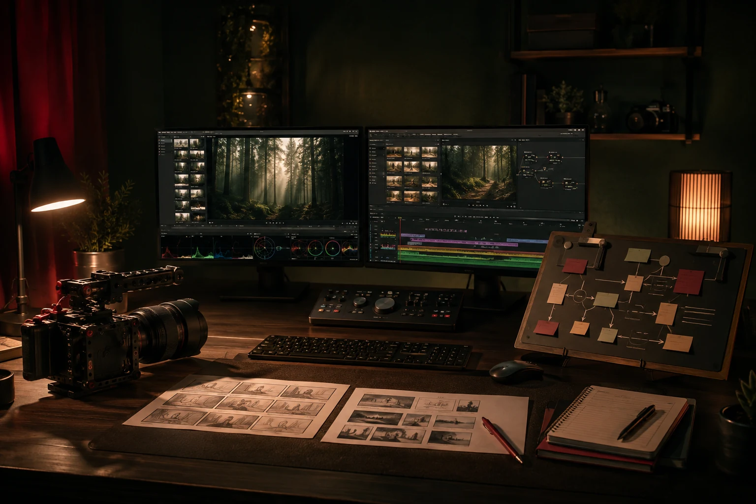 AI video workflow canvas with storyboard and edit sequence